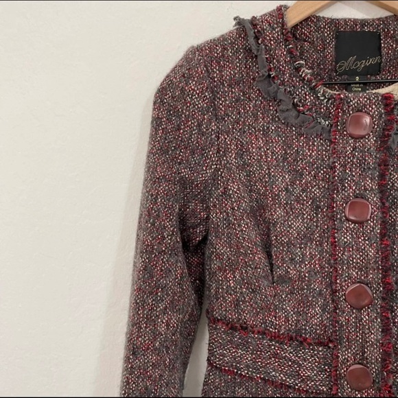 McGinn Women’s 2 Burgundy Gray Tweed Long Button Down Peacoat Fringe Pockets - Picture 2 of 7